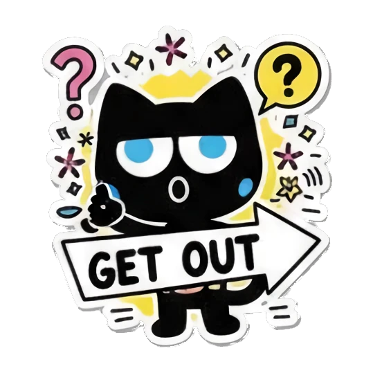 Black cat pointing with GET OUT text, annoyed expression. Keith Haring Style Black Cat sticker for expressive chats and social replies.