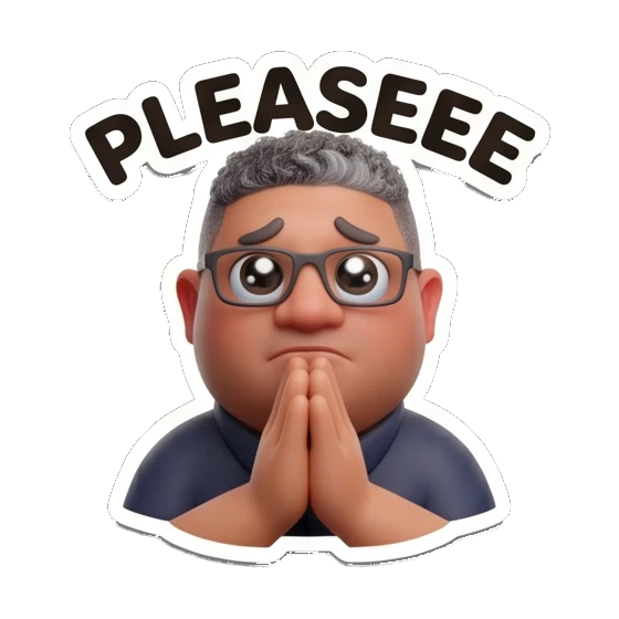 Man with glasses pleading with hands together with text PLEASEEE Office Guy Expressions sticker for expressive chats and social replies.