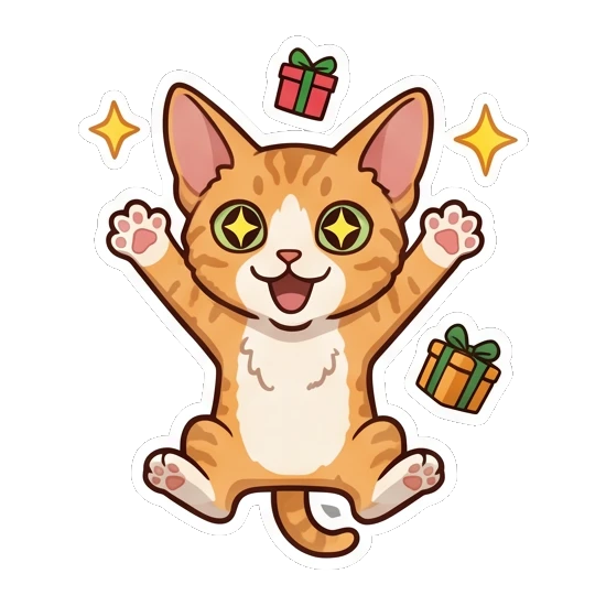 Ginger cat jumping for joy surrounded by floating gift boxes Ginger Cat Holiday Joy sticker for expressive chats and social replies.