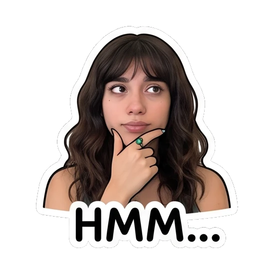 Young woman resting chin on hand in deep thought, text HMM... Daily Moods of a Girl sticker for expressive chats and social replies.