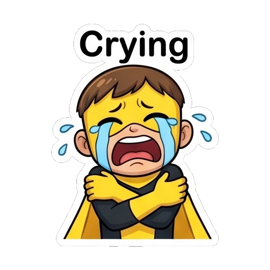 Superhero boy crying loudly while hugging himself. Yellow Hero Adventures sticker for expressive chats and social replies.