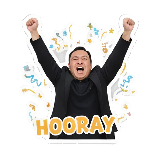 Professional man cheering with arms raised and HOORAY text Professional Office Man Daily sticker for expressive chats and social replies.