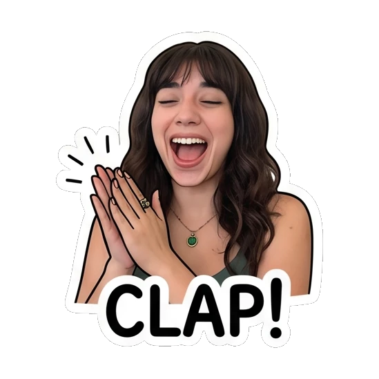 Young woman clapping hands with excited expression, text CLAP! Daily Moods of a Girl sticker for expressive chats and social replies.