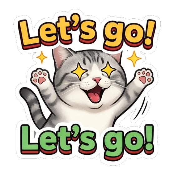 Energetic tabby cat cheering with paws up and text Let's go! Expressive Tabby Cat sticker for expressive chats and social replies.