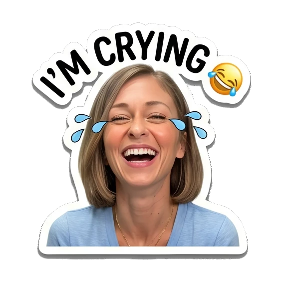Woman laughing with tears, text I'M CRYING Everyday Expressions of Sarah sticker for expressive chats and social replies.
