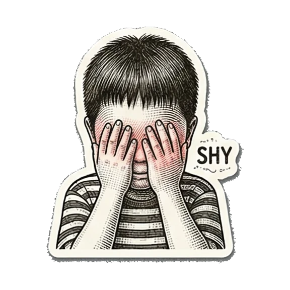 Shy boy covering face. Little Boy's Engraved Emotions sticker for expressive chats and social replies.
