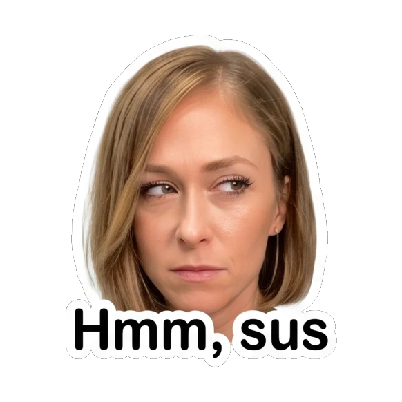 Woman looking suspicious with 'Hmm, sus' text Everyday Vibes with Sarah sticker for expressive chats and social replies.