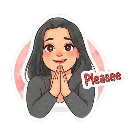 Young woman pleading with hands together and 'Pleasee' text. Modern Girl Daily Expressions sticker for expressive chats and social replies.