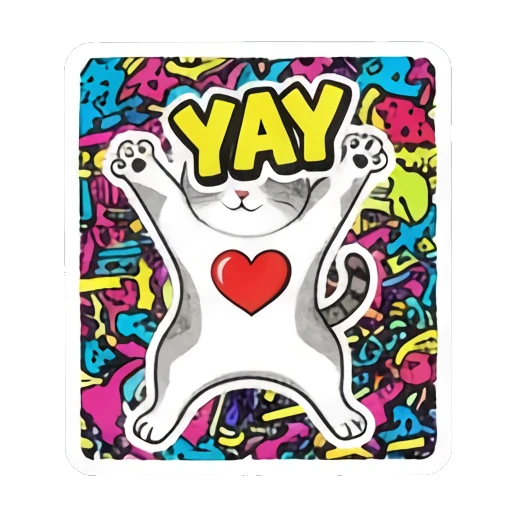 Happy cat stretching arms up with YAY text and heart Retro Graffiti Cat Vibes sticker for expressive chats and social replies.