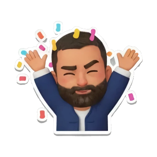 胡子大叔欢呼雀跃，周围有彩色纸屑，表情快乐 Bearded Man Daily Expressions sticker for expressive chats and social replies.