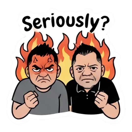 Twin brothers looking angry with fire background and 'Seriously?' text. Twin Brothers Daily Vibe sticker for expressive chats and social replies.