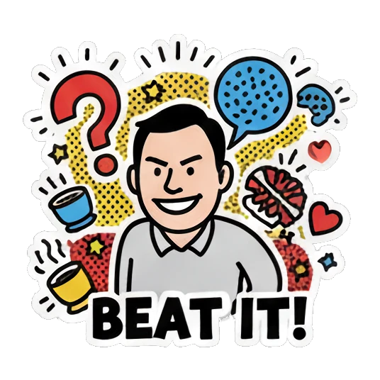 Man looking confident, text BEAT IT! Cheerful Office Guy sticker for expressive chats and social replies.