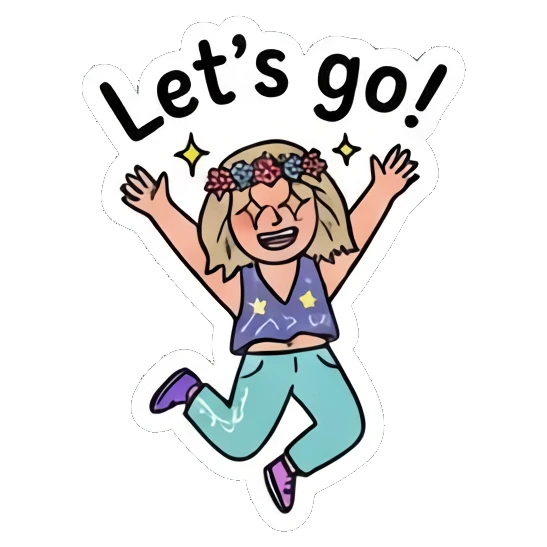 Excited girl jumping with arms up, saying Let's go Festival Boho Girl sticker for expressive chats and social replies.