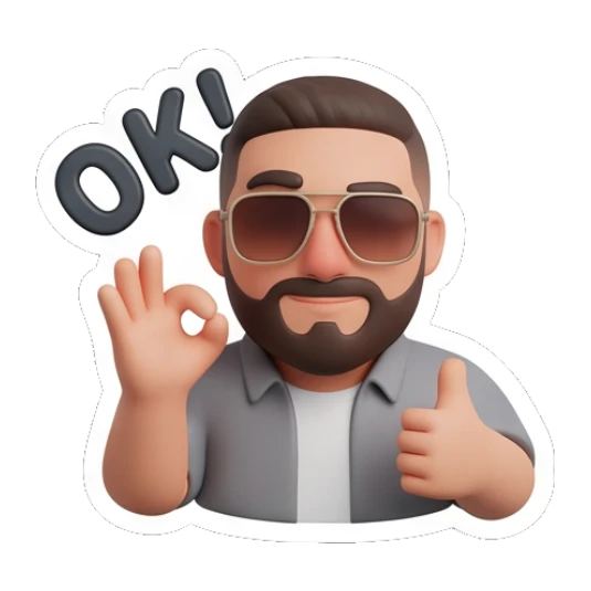 Confident bearded man with sunglasses giving an OK hand sign, OK Bearded Buddy Daily Vibes sticker for expressive chats and social replies.