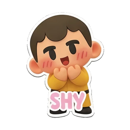 5. Shy boy blushing with hands on cheeks, Shy text. Cheerful Yellow Boy Adventures sticker for expressive chats and social replies.