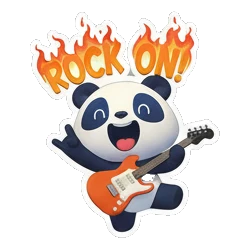 Panda playing electric guitar with fire background and ROCK ON text Rocking Panda Band sticker for expressive chats and social replies.