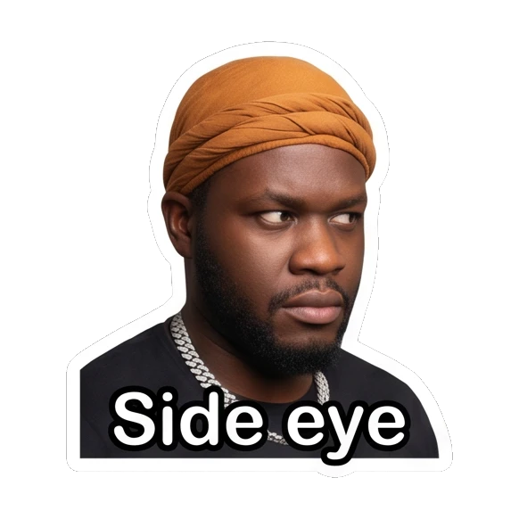 Man in durag looking sideways with suspicious expression, text Side eye Daily Vibes with Durag Guy sticker for expressive chats and social replies.