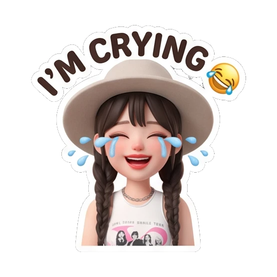 Girl in hat crying with tears and text I'M CRYING Chic Hat Girl Expressions sticker for expressive chats and social replies.
