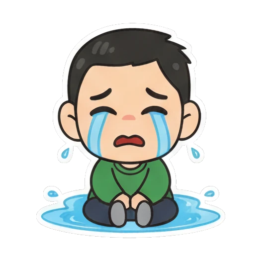 Boy crying sitting in a puddle of tears Cheerful Green Shirt Boy sticker for expressive chats and social replies.