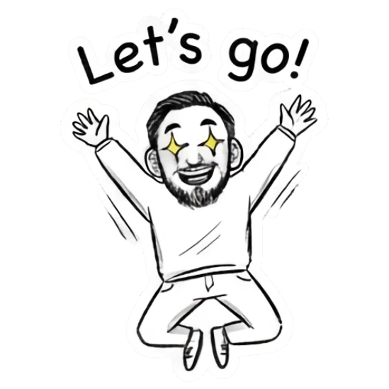 Bearded man jumping with excitement, Let's go text. Doodle Guy Daily Vibes sticker for expressive chats and social replies.