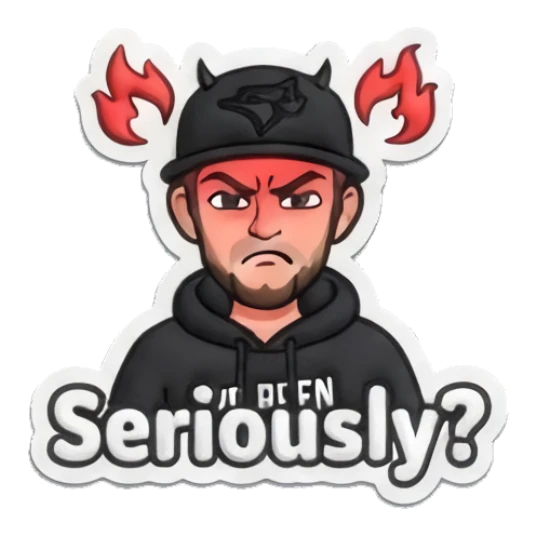 Guy looking angry with fire effect with text Seriously? Cool Guy Daily Vibes sticker for expressive chats and social replies.