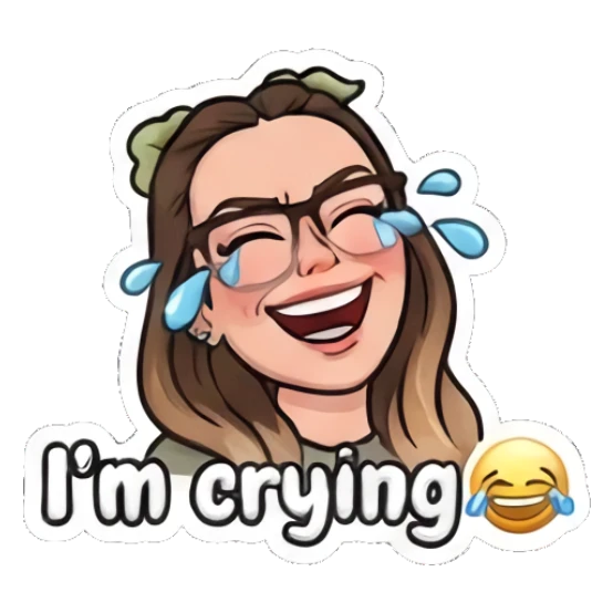 Girl with glasses laughing with tears, text I'm crying My Daily Moods sticker for expressive chats and social replies.