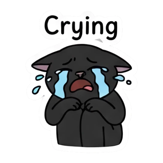 Crying black cat with blue tears saying Crying. Playful Black Cat Moods sticker for expressive chats and social replies.