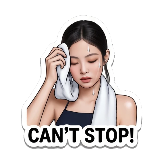 Young woman wiping sweat with towel, tired, text CANT STOP Jennie Birthday Party Vibes sticker for expressive chats and social replies.