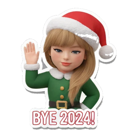 Blonde girl in elf outfit waving goodbye, text BYE 2024! Festive Blonde Holiday Vibes sticker for expressive chats and social replies.