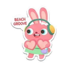 Pink bunny wearing headphones, Beach Groove text. Pink Bunny Beach Day sticker for expressive chats and social replies.
