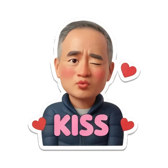 Man blowing a kiss with heart icons saying 'KISS' Cheerful Middle-Aged Gentleman sticker for expressive chats and social replies.