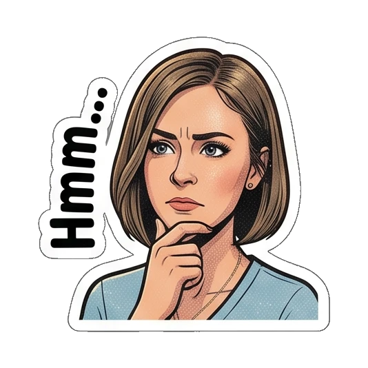 Woman thinking with finger on chin, text Hmm... Retro Comic Office Lady sticker for expressive chats and social replies.
