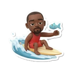 Surfer man surfing with small fish, text WTF? Surfing Dude Vibes sticker for expressive chats and social replies.