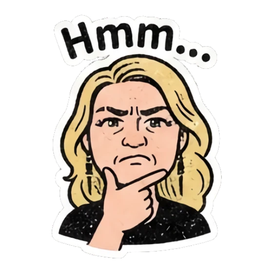 Blonde woman thinking with hand on chin with text Hmm... Retro Blonde Daily Vibes sticker for expressive chats and social replies.