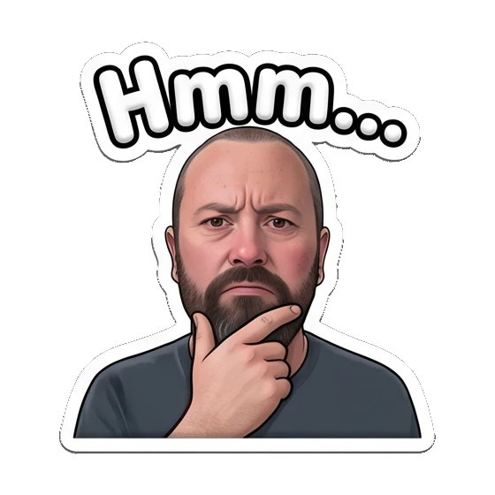 Bearded man thinking with a hand on his chin. Bearded Guy Daily Vibes sticker for expressive chats and social replies.