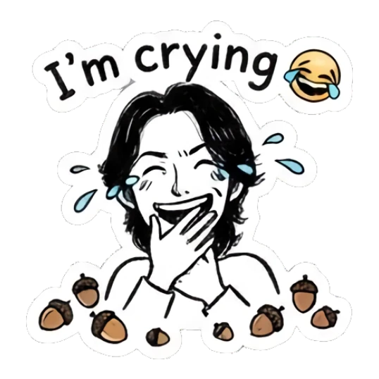 Laughing boy crying tears of joy with acorns, text I'm crying Autumn Indie Doodle Guy sticker for expressive chats and social replies.