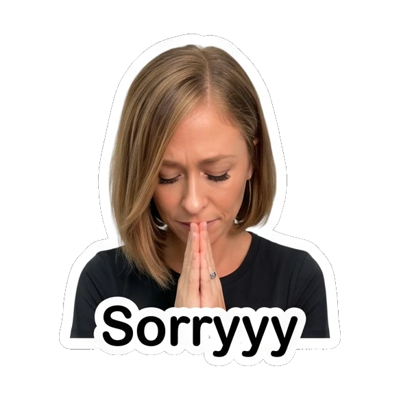 Woman praying with 'Sorryyy' text Everyday Vibes with Sarah sticker for expressive chats and social replies.