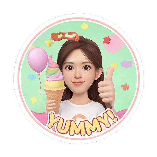 Girl giving thumbs up with ice cream, 'YUMMY' text. Sweet Girl Daily Life sticker for expressive chats and social replies.
