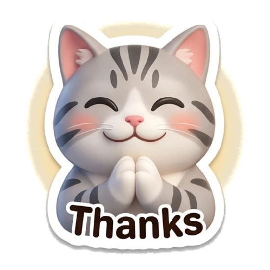 Grateful grey cat with folded paws and text Thanks Cute Grey Tabby Daily sticker for expressive chats and social replies.