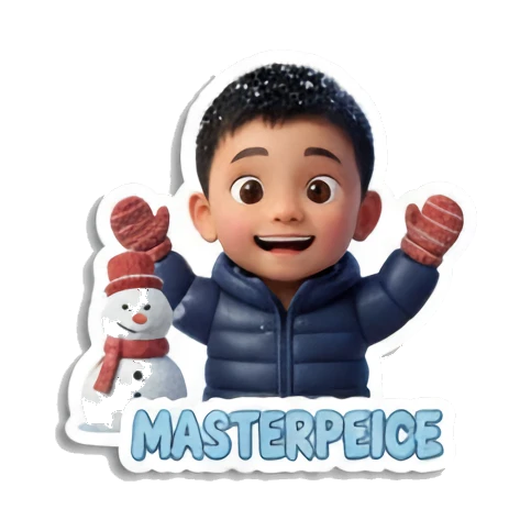 Boy standing by snowman, masterpiece Winter Boy Adventures sticker for expressive chats and social replies.
