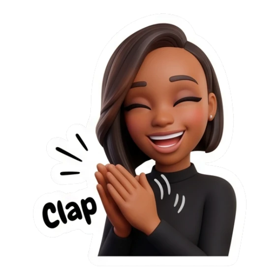 Woman clapping her hands happily, text says Clap. Modern Chic Expressions sticker for expressive chats and social replies.