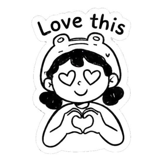Girl in frog hat forming a heart with hands and Love this text Froggy Girl Doodles sticker for expressive chats and social replies.