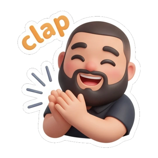 Bearded man clapping hands with a joyful expression. Bearded Buddy Expressions sticker for expressive chats and social replies.