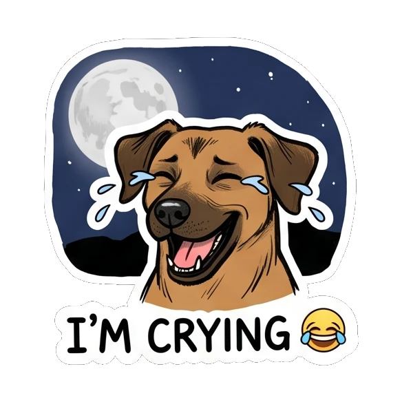 Brown dog laughing with tears of joy. Brown Dog Daily Moods sticker for expressive chats and social replies.