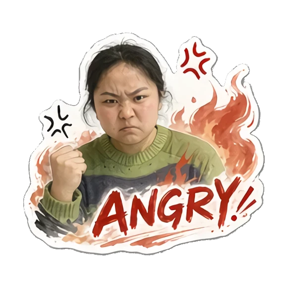 Young woman looking angry with fire effects saying ANGRY Cheerful Daily Life of a Young Woman sticker for expressive chats and social replies.