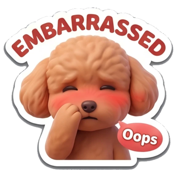 Poodle looking embarrassed with red blushing cheeks. Poodle Pals Daily sticker for expressive chats and social replies.