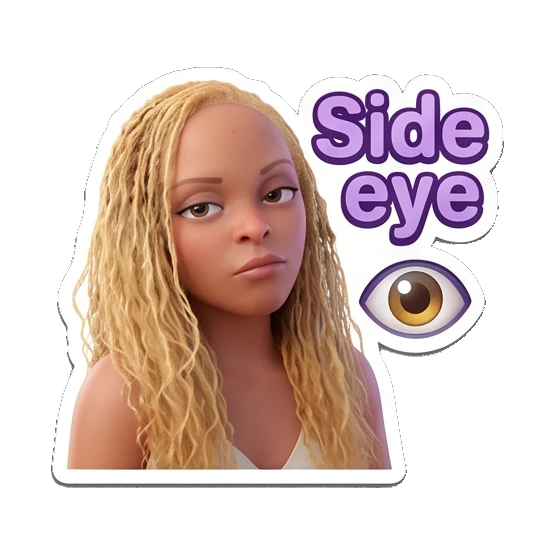 Blonde girl giving a skeptical side eye with Side eye text Blonde Girl Daily Vibes sticker for expressive chats and social replies.