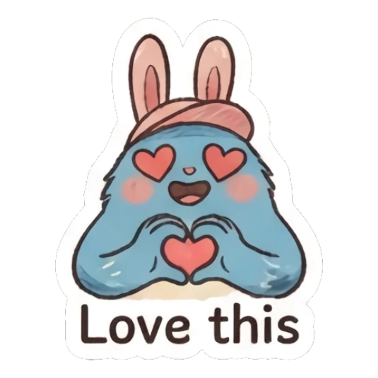 Blue bunny forming a heart shape with hands and text Love this Furry Blue Bunny Buddy sticker for expressive chats and social replies.