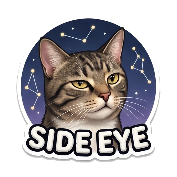 Tabby cat giving a suspicious side-eye glance. Cosmic Tabby Adventures sticker for expressive chats and social replies.