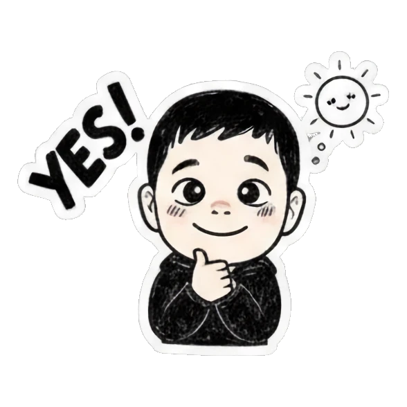 Happy boy thinking with 'YES!' text bubble. Cool Boy Doodle Diary sticker for expressive chats and social replies.